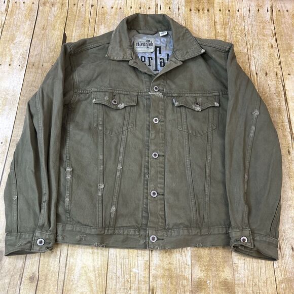 Levis Silvertab Denim Trucker Jacket Olive Drab Green Distressed Large - Picture 5 of 16